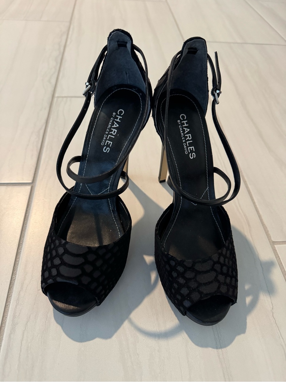 Charles By Charles David Black Peep-Toe Ankle-Strap Heels with Textured Upper